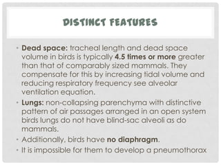 DISTINCT FEATURES

• Dead space: tracheal length and dead space
  volume in birds is typically 4.5 times or more greater
  than that of comparably sized mammals. They
  compensate for this by increasing tidal volume and
  reducing respiratory frequency see alveolar
  ventilation equation.
• Lungs: non-collapsing parenchyma with distinctive
  pattern of air passages arranged in an open system
  birds lungs do not have blind-sac alveoli as do
  mammals.
• Additionally, birds have no diaphragm.
• It is impossible for them to develop a pneumothorax
 