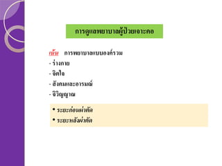 การดูแลพยาบาลผู้ป่วยเจาะคอ
เน้ น การพยาบาลแบบองค์ รวม
- ร่ างกาย
- จิตใจ
- สั งคมและอารมณ์
- จิวญญาณ
ิ
• ระยะก่อนผ่ าตัด
• ระยะหลังผ่ าตัด

 