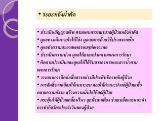 • ระยะหลังผ่ าตัด
• ประเมินสัญญาณชีพ ตามแผนการพยาบาลผ้ ป่วยหลังผ่ าตัด
ู
• ดูแลทางเดินหายใจให้ โล่ ง ดูดเสมหะด้ วยวิธีปราศจากเชื้อ
• ดูแลทาความสะอาดแผลรอบๆท่ อเจาะคอ
• ประเมินความปวด ดแลให้ ยาลดปวดตามแผนการรั กษา
ู
• ติดตามประเมินและดูแลให้ ได้ รับสารอาหารและสารน้าตาม
แผนการรักษา
• วางแผนการติดต่ อสื่อสารอย่ างมีประสิทธิภาพกับผ้ ป่วย
ู
• การจัดสิ่งแวดล้ อมให้ เหมาะสม คอยให้ คาแนะนาแก่ ผ้ ป่วยเพือ
่
ู
คลายความกังวล สร้ างความมั่นใจให้ แก่ ผ้ ป่วย
ู
• กระต้ ุนให้ ผ้ ป่วยเคลือนไหว ลกนั่งบนเตียง ช่ วยเหลือและแนะนา
่
ู
ุ
การทากิจวัตรประจาวันของผ้ ป่วย
ู

 