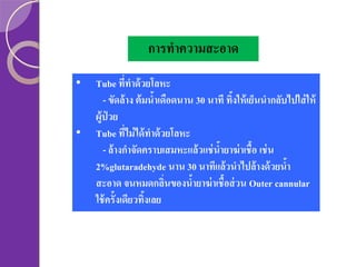 การทาความสะอาด
•
•

Tube ทีทาด้ วยโลหะ
่
- ขัดล้าง ต้ มนาเดือดนาน 30 นาที ทิงให้ เย็นนากลับไปใส่ ให้
้
้
ผู้ป่วย
Tube ทีไม่ ได้ ทาด้ วยโลหะ
่
- ล้างกาจัดคราบเสมหะแล้วแช่ นายาฆ่ าเชื้อ เช่ น
้
2%glutaradehyde นาน 30 นาทีแล้วนาไปล้างด้ วยนา
้
สะอาด จนหมดกลินของนายาฆ่ าเชื้อส่ วน Outer cannular
่
้
ใช้ ครั้งเดียวทิงเลย
้

 