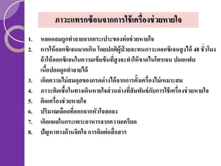 ภาวะแทรกซ้ อนจากการใช้ เครื่องช่ วยหายใจ
1. หลอดลมถูกทาลายจากกระเปาะของท่ อช่ วยหายใจ
2. การให้ ออกซิเจนมากเกิน โดยปกติผ้ ูป่วยจะทนภาวะออกซิเจนสู งได้ 48 ชั่วโมง
ถ้ าให้ ออกซิเจนในความเข้ มข้ นทีสูงจะทาให้ ขาดไนโตรเจน ปอดแฟบ
่
เนือปอดถูกทาลายได้
้
3. เกิดความไม่ สมดุลของกรดด่ างได้ จากการตั้งเครื่องไม่ เหมาะสม
4. ภาวะติดเชื้อในทางเดินหายใจส่ วนล่างที่สัมพันธ์ กบการใช้ เครื่องช่ วยหายใจ
ั
5. ติดเครื่องช่ วยหายใจ
6. ปริมาณเลือดทีออกจากหัวใจลดลง
่
7. เกิดแผลในกระเพาะอาหารจากความเครียด
8. ปัญหาทางด้ านจิตใจ การติดต่ อสื่ อสาร

 