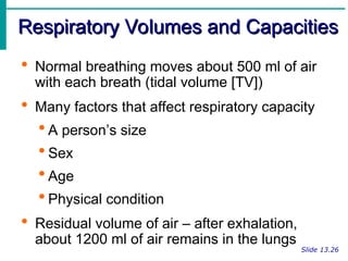 Respiratory Volumes and Capacities
Respiratory Volumes and Capacities
Slide 13.26
 Normal breathing moves about 500 ml of air
with each breath (tidal volume [TV])
 Many factors that affect respiratory capacity
 A person’s size
 Sex
 Age
 Physical condition
 Residual volume of air – after exhalation,
about 1200 ml of air remains in the lungs
 