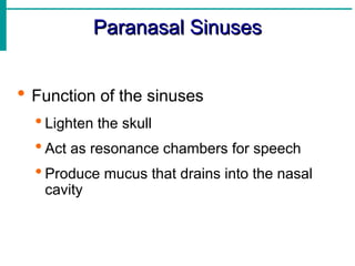 Paranasal Sinuses
Paranasal Sinuses
 Function of the sinuses
 Lighten the skull
 Act as resonance chambers for speech
 Produce mucus that drains into the nasal
cavity
 