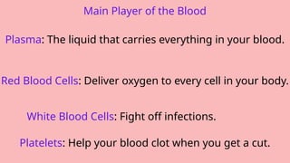 Plasma: The liquid that carries everything in your blood.
Red Blood Cells: Deliver oxygen to every cell in your body.
White Blood Cells: Fight off infections.
Platelets: Help your blood clot when you get a cut.
Main Player of the Blood
 