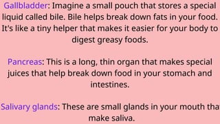 Gallbladder: Imagine a small pouch that stores a special
liquid called bile. Bile helps break down fats in your food.
It's like a tiny helper that makes it easier for your body to
digest greasy foods.
Pancreas: This is a long, thin organ that makes special
juices that help break down food in your stomach and
intestines.
Salivary glands: These are small glands in your mouth that
make saliva.
 