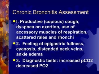Chronic Bronchitis Assessment I. Productive (copious) cough, dyspnea on exertion, use of accessory muscles of respiration, scattered rales and rhonchi 2. Feeling of epigastric fullness, cyanosis, distended neck veins, ankle edema 3. Diagnostic tests: increased pCO2 decreased PO2 