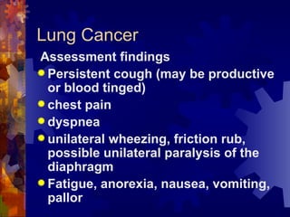 Lung Cancer Assessment findings Persistent cough (may be productive or blood tinged) chest pain dyspnea unilateral wheezing, friction rub, possible unilateral paralysis of the diaphragm Fatigue, anorexia, nausea, vomiting, pallor 
