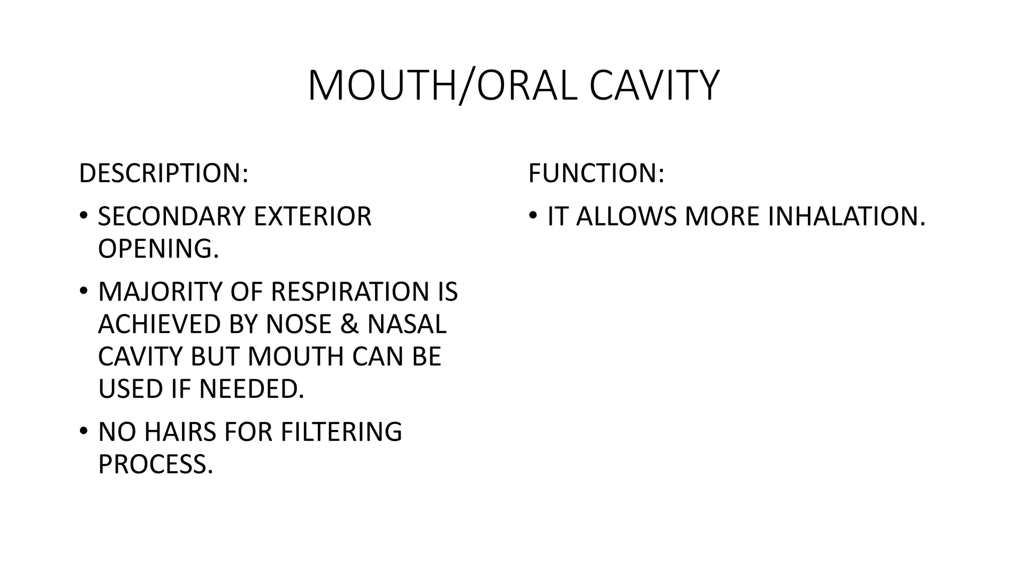 MOUTH/ORAL CAVITY
DESCRIPTION:
• SECONDARY EXTERIOR
OPENING.
• MAJORITY OF RESPIRATION IS
ACHIEVED BY NOSE & NASAL
CAVITY BUT MOUTH CAN BE
USED IF NEEDED.
• NO HAIRS FOR FILTERING
PROCESS.
FUNCTION:
• IT ALLOWS MORE INHALATION.
 