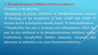 3- Phosphodiesterase inhibitors (Methylxanthines)
•Example is theophylline.
•Mechanism of action: Inhibition of phosphodiesterase enzyme
 blocking of the breakdown of both cAMP and cGMP 
increase levels in bronchial smooth muscle  bronchodilatation.
• Theophylline has also a moderate anti-inflammatory effect that
may be also attributed to its phosphodiesterase inhibitory action.
Furthermore, theophylline inhibits adenosine receptors, and
adenosine in asthmatics can cause bronchoconstriction..
 