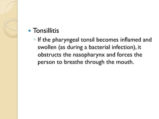— Tonsillitis
◦ If the pharyngeal tonsil becomes inflamed and
swollen (as during a bacterial infection), it
obstructs the nasopharynx and forces the
person to breathe through the mouth.
 