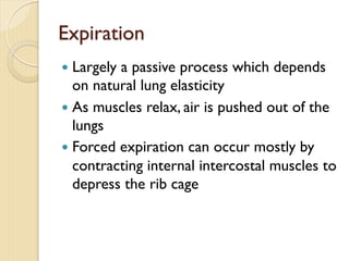 Expiration
— Largely a passive process which depends
on natural lung elasticity
— As muscles relax, air is pushed out of the
lungs
— Forced expiration can occur mostly by
contracting internal intercostal muscles to
depress the rib cage
 