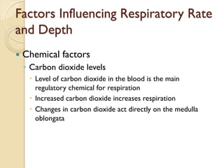 — Chemical factors
◦ Carbon dioxide levels
– Level of carbon dioxide in the blood is the main
regulatory chemical for respiration
– Increased carbon dioxide increases respiration
– Changes in carbon dioxide act directly on the medulla
oblongata
Factors Influencing Respiratory Rate
and Depth
 
