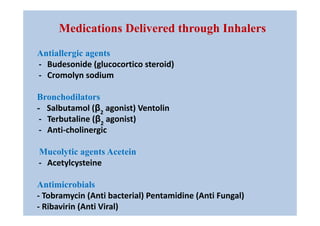Antiallergic agents
- Budesonide (glucocortico steroid)
- Cromolyn sodium
Bronchodilators
- Salbutamol (β2
agonist) Ventolin
- Terbutaline (β2
agonist)
- Anti-cholinergic
Mucolytic agents Acetein
- Acetylcysteine
Antimicrobials
- Tobramycin (Anti bacterial) Pentamidine (Anti Fungal)
- Ribavirin (Anti Viral)
Medications Delivered through Inhalers
 