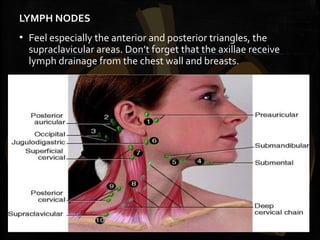 LYMPH NODES
▪ Feel especially the anterior and posterior triangles, the
supraclavicular areas. Don’t forget that the axillae receive
lymph drainage from the chest wall and breasts.
 