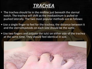 PalpationTRACHEA
▪ The trachea should lie in the midline just beneath the sternal
notch. The trachea will shift as the mediastinum is pulled or
pushed laterally. The two most popular methods are as follows:
• Use a single finger to feel for the trachea; the distance between it
and the sternomastoids on each side should be the same.
• Use two fingers and palpate the sulci on either side of the trachea
at the same time. They should feel identical in size.
 