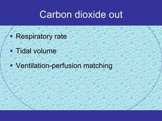 Carbon dioxide out

 Respiratory rate

 Tidal volume

 Ventilation-perfusion matching
 