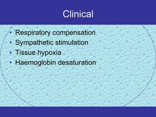 Clinical
•   Respiratory compensation
•   Sympathetic stimulation
•   Tissue hypoxia
•   Haemoglobin desaturation
 