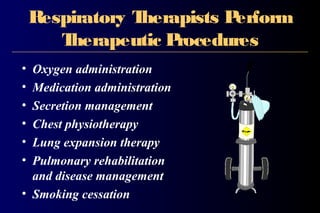 Respiratory Therapists Perform
Therapeutic Procedures
• Oxygen administration
• Medication administration
• Secretion management
• Chest physiotherapy
• Lung expansion therapy
• Pulmonary rehabilitation
and disease management
• Smoking cessation
 