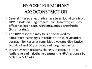 HYPOXIC PULMONARY
VASOCONSTRICTION
• Several inhaled anesthetics have been found to inhibit
HPV in isolated lung preparations. However, no such
effect has been seen with intravenous anesthetics
(barbiturates).
• The HPV response may thus be obscured by
simultaneous changes in cardiac output, myocardial
contractility, vascular tone, blood volume distribution,
blood pH and CO2 tension, and lung mechanics.
• In studies with no gross changes in cardiac output,
isoflurane and halothane depress the HPV response by
50% at a MAC of 2 .
35
 