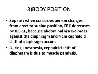 3)BODY POSITION
• Supine : when conscious person changes
from erect to supine position, FRC decreases
by 0.5-1L, because abdominal viscera press
against the diaphragm and 4 cm cephaloid
shift of diaphragm occurs.
• During anesthesia, cephaloid shift of
diaphragm is due to muscle paralysis.
41
 