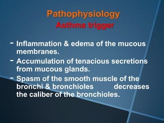 Pathophysiology
            Asthma trigger

- Inflammation & edema of the mucous
  membranes.
- Accumulation of tenacious secretions
  from mucous glands.
- Spasm of the smooth muscle of the
 bronchi & bronchioles        decreases
 the caliber of the bronchioles.
 