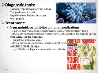 Diagnostic tools:
• Nasopharyngeal swab for viral culture
• The gold standard test
• Rapid immune fluorescence test
• Viral culture
Treatment:
• Neuraminidase inhibitor antiviral medications
E.g. : Oseltamivir(Tamiflu), Zanamivir(Relenza), Peramivis(Rafivab)inj.
M.O.A. : blocking the enzyme NEURAMINIDASE, enables the virus to spread
• Immunization by vaccines
Flumist(live influenza virus)
M.O.A. : producing antibody to fight against virus.
• Possible herbal therapy
E.g. : Elderberry, Japanese wasabi leaves, Tulsi etc.
 