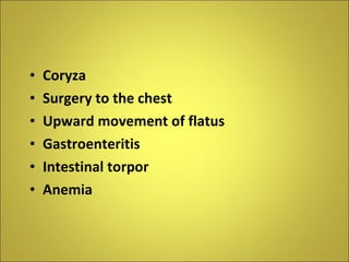 Coryza  Surgery to the chest Upward movement of flatus Gastroenteritis Intestinal torpor Anemia 