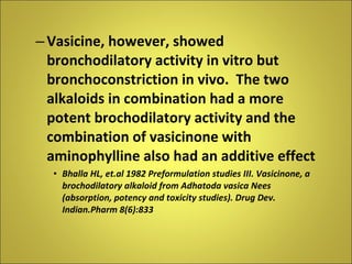 Vasicine, however, showed bronchodilatory activity in vitro but bronchoconstriction in vivo.  The two alkaloids in combination had a more potent brochodilatory activity and the combination of vasicinone with aminophylline also had an additive effect Bhalla HL, et.al 1982 Preformulation studies III. Vasicinone, a brochodilatory alkaloid from Adhatoda vasica Nees (absorption, potency and toxicity studies). Drug Dev. Indian.Pharm 8(6):833 