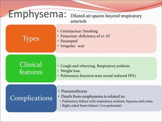Emphysema:
• Centriacinar: Smoking
• Panacinar: deficiency of α1 AT
• Paraseptal
• Irregular: scar
Types
• Cough and wheezing. Respiratory acidosis
• Weight loss.
• Pulmonary function tests reveal reduced FEV1.
Clinical
features
• Pneumothorax
• Death from emphysema is related to:
• Pulmonary failure with respiratory acidosis, hypoxia and coma.
• Right-sided heart failure ( Cor pulmnale)
Complications
Dilated air spaces beyond respiratory
arteriols
 