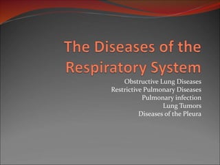 Obstructive Lung Diseases
Restrictive Pulmonary Diseases
Pulmonary infection
Lung Tumors
Diseases of the Pleura
 