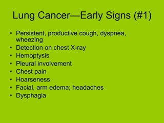 Lung Cancer—Early Signs (#1) Persistent, productive cough, dyspnea, wheezing Detection on chest X-ray Hemoptysis Pleural involvement Chest pain Hoarseness Facial, arm edema; headaches Dysphagia  