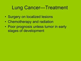 Lung Cancer—Treatment  Surgery on localized lesions Chemotherapy and radiation Poor prognosis unless tumor in early stages of development 