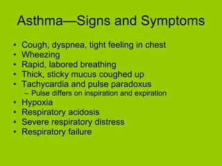 Asthma—Signs and Symptoms Cough, dyspnea, tight feeling in chest Wheezing Rapid, labored breathing Thick, sticky mucus coughed up Tachycardia and pulse paradoxus Pulse differs on inspiration and expiration Hypoxia Respiratory acidosis Severe respiratory distress Respiratory failure 