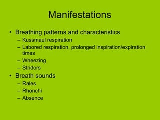 Manifestations Breathing patterns and characteristics Kussmaul respiration Labored respiration, prolonged inspiration/expiration times Wheezing Stridors Breath sounds Rales Rhonchi Absence  