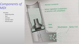 Components of
MDI
Actuator
- Metering valve.
- Seal
- Canister
- Canister stem
- Mouth piece
 