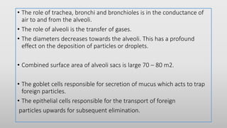 • The role of trachea, bronchi and bronchioles is in the conductance of
air to and from the alveoli.
• The role of alveoli is the transfer of gases.
• The diameters decreases towards the alveoli. This has a profound
effect on the deposition of particles or droplets.
• Combined surface area of alveoli sacs is large 70 – 80 m2.
• The goblet cells responsible for secretion of mucus which acts to trap
foreign particles.
• The epithelial cells responsible for the transport of foreign
particles upwards for subsequent elimination.
 