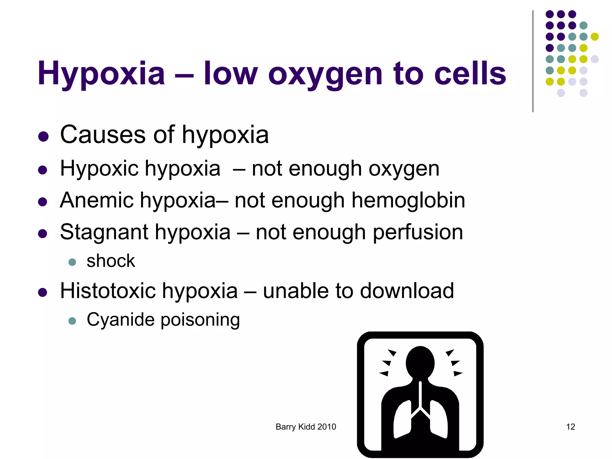 Barry Kidd 2010 12
Hypoxia – low oxygen to cells
 Causes of hypoxia
 Hypoxic hypoxia – not enough oxygen
 Anemic hypoxia– not enough hemoglobin
 Stagnant hypoxia – not enough perfusion
 shock
 Histotoxic hypoxia – unable to download
 Cyanide poisoning
 