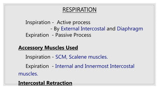 RESPIRATION
Inspiration - Active process
- By External Intercostal and Diaphragm
Expiration - Passive Process
Accessory Muscles Used
Inspiration - SCM, Scalene muscles.
Expiration - Internal and Innermost Intercostal
muscles.
Intercostal Retraction
 