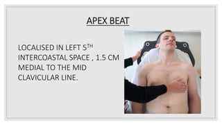 APEX BEAT
LOCALISED IN LEFT 5TH
INTERCOASTAL SPACE , 1.5 CM
MEDIAL TO THE MID
CLAVICULAR LINE.
 