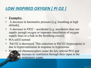 LOW INSPIRED OXYGEN [ PI O2 ]
• Examples-
• A decrease in barometric pressure [e.g. breathing at high
altitude].
• A decrease in FIO2 – accidental [e.g. anesthetist does not
supply enough oxygen or improper installation of oxygen
supply lines or a leak in the breathing circuit].
• P(A-a)O2 normal
• PaCO2 is decreased. This reduction in PaCO2 (hypocapnia) is
due to hyperventilation in response to hypoxemia.
• Peripheral chemoreceptors sense the low arterial PO2 and
initiate an increase in ventilation through their input to the
medullary respiratory centre
 