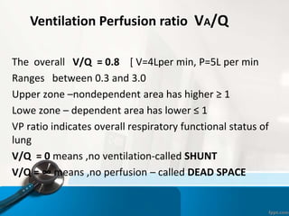 The overall V/Q = 0.8 [ V=4Lper min, P=5L per min
Ranges between 0.3 and 3.0
Upper zone –nondependent area has higher ≥ 1
Lowe zone – dependent area has lower ≤ 1
VP ratio indicates overall respiratory functional status of
lung
V/Q = 0 means ,no ventilation-called SHUNT
V/Q = ∞ means ,no perfusion – called DEAD SPACE
Ventilation Perfusion ratio VA/Q
 