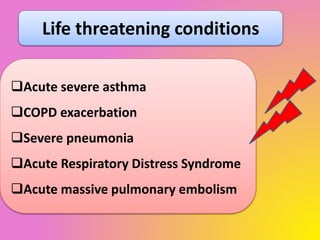 Life threatening conditions
Acute severe asthma
COPD exacerbation
Severe pneumonia
Acute Respiratory Distress Syndrome
Acute massive pulmonary embolism
 