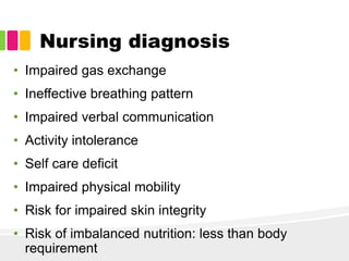 Nursing diagnosis
• Impaired gas exchange
• Ineffective breathing pattern
• Impaired verbal communication
• Activity intolerance
• Self care deficit
• Impaired physical mobility
• Risk for impaired skin integrity
• Risk of imbalanced nutrition: less than body
requirement
 