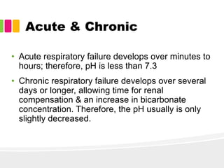 Acute & Chronic
• Acute respiratory failure develops over minutes to
hours; therefore, pH is less than 7.3
• Chronic respiratory failure develops over several
days or longer, allowing time for renal
compensation & an increase in bicarbonate
concentration. Therefore, the pH usually is only
slightly decreased.
 