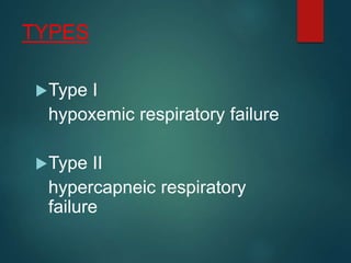 TYPES
Type I
hypoxemic respiratory failure
Type II
hypercapneic respiratory
failure
 