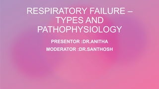 RESPIRATORY FAILURE –
TYPES AND
PATHOPHYSIOLOGY
PRESENTOR :DR.ANITHA
MODERATOR :DR.SANTHOSH
 