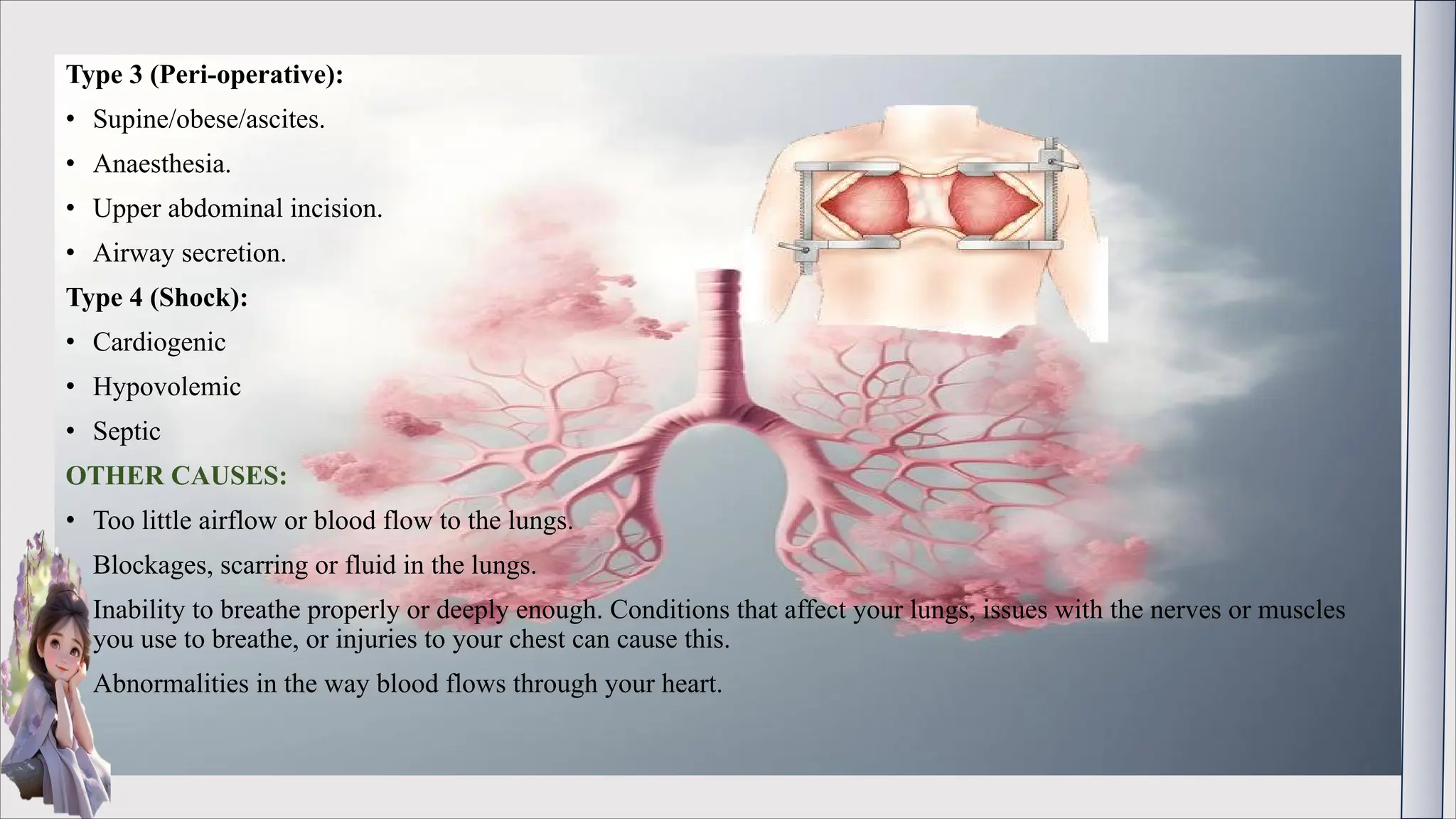 Type 3 (Peri-operative):
• Supine/obese/ascites.
• Anaesthesia.
• Upper abdominal incision.
• Airway secretion.
Type 4 (Shock):
• Cardiogenic
• Hypovolemic
• Septic
OTHER CAUSES:
• Too little airflow or blood flow to the lungs.
• Blockages, scarring or fluid in the lungs.
• Inability to breathe properly or deeply enough. Conditions that affect your lungs, issues with the nerves or muscles
you use to breathe, or injuries to your chest can cause this.
• Abnormalities in the way blood flows through your heart.
 