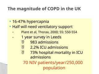 The magnitude of COPD in the UK
 16-47% hypercapnia
 Half will need ventilatory support
- Plant et al, Thorax, 2000; 55: 550-554
- 1 year survey in Leeds
 983 admissions
 2.2% ICU admissions
 73% hospital mortality in ICU
admissions
70 NIV patients/year/250,000
population
 