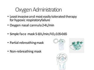 OxygenAdministration
• Leastinvasiveand mosteasilytoleratedtherapy
for hypoxic respiratoryfailure
• Oxygen nasal cannula2-4L/min
• Simple face mask5-10L/min,FiO20.35-0.65
• Partial rebreathingmask
• Non-rebreathing mask
 