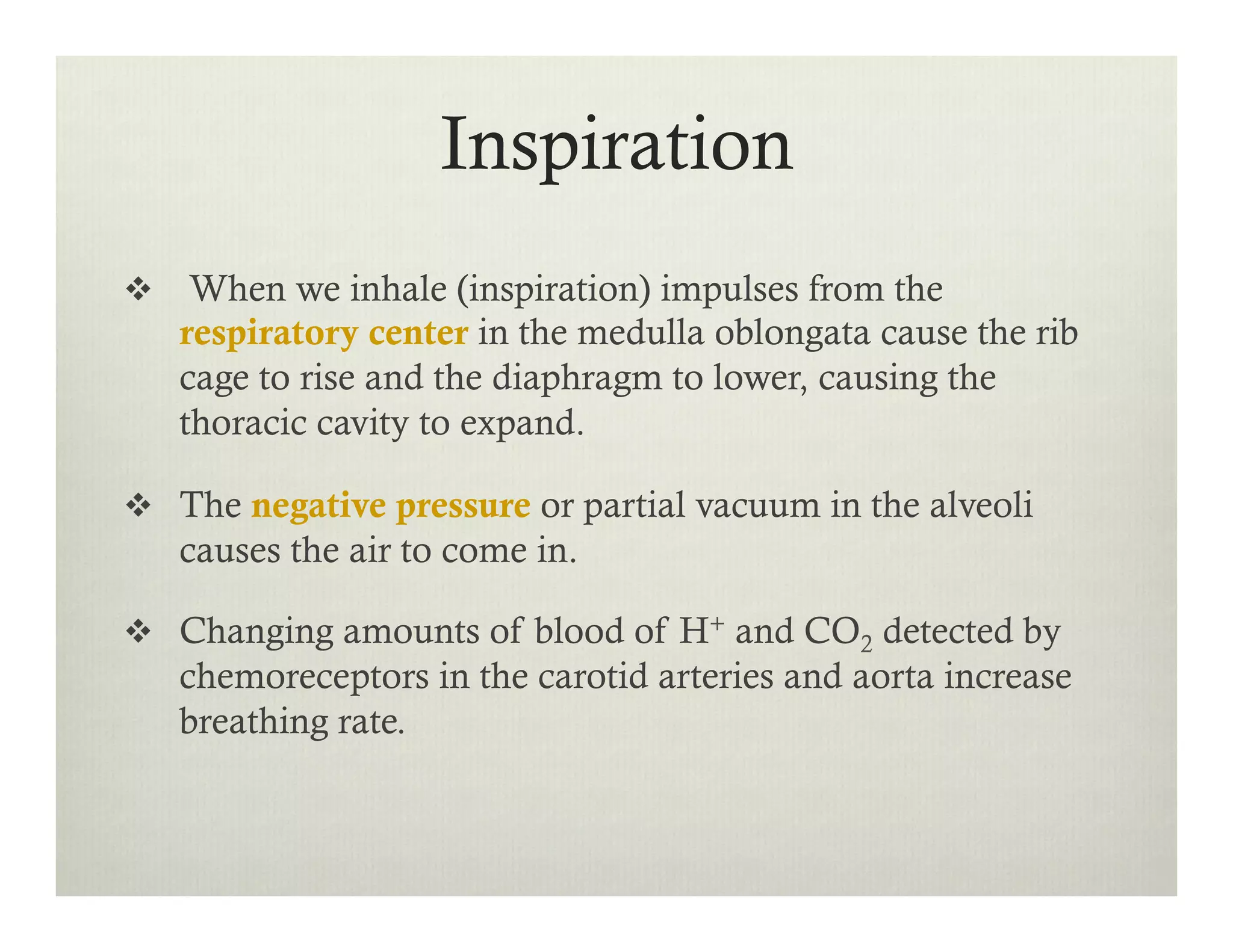 Inspiration
v  When we inhale (inspiration) impulses from the
respiratory center in the medulla oblongata cause the rib
cage to rise and the diaphragm to lower, causing the
thoracic cavity to expand.
v  The negative pressure or partial vacuum in the alveoli
causes the air to come in.
v  Changing amounts of blood of H+ and CO2 detected by
chemoreceptors in the carotid arteries and aorta increase
breathing rate.
 